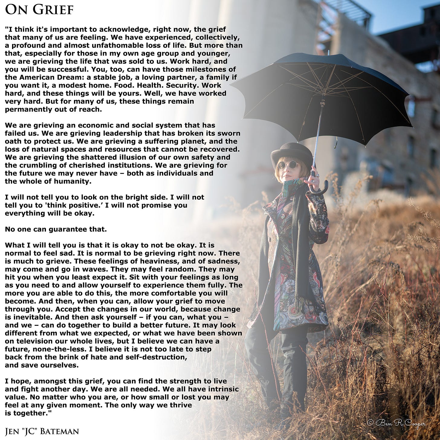 Text of essay about grief overlaid on a photo of Jen "JC" Bateman at Mill Ruins Park in Minneapolis, MN. Photo by Ben R Cooper Photography.