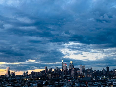 These are images of the Philly skyline over the course of an hour or so -- from sunset on April 17 to twilight.