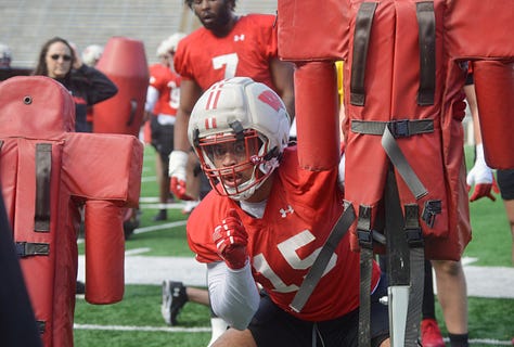 Wisconsin outside linebackers participate in individual position drills during the Badgers' spring football practice Saturday inside Camp Randall Stadium.