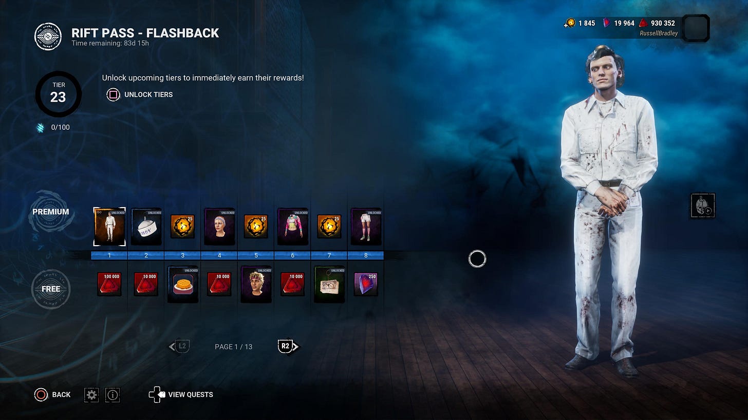  Dead by Daylight Rift Pass Flashback menu screen showing Henry Creel alt cosmetic for Vecna