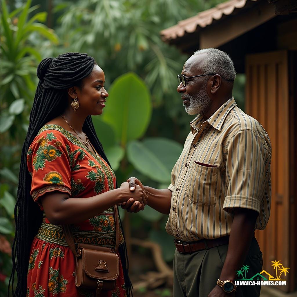 A stately woman with elegant dreadlocks and a wise, aged man with a worn leather satchel, both dressed in traditional Jamaican attire, shake hands in a firm, yet warm gesture, sealing the transfer of property, as a bespectacled witness looks on with a mix of curiosity and professionalism, set against a rich, tropical backdrop of lush greenery and rustic wooden accents, evoking the vibrant spirit of the Caribbean.