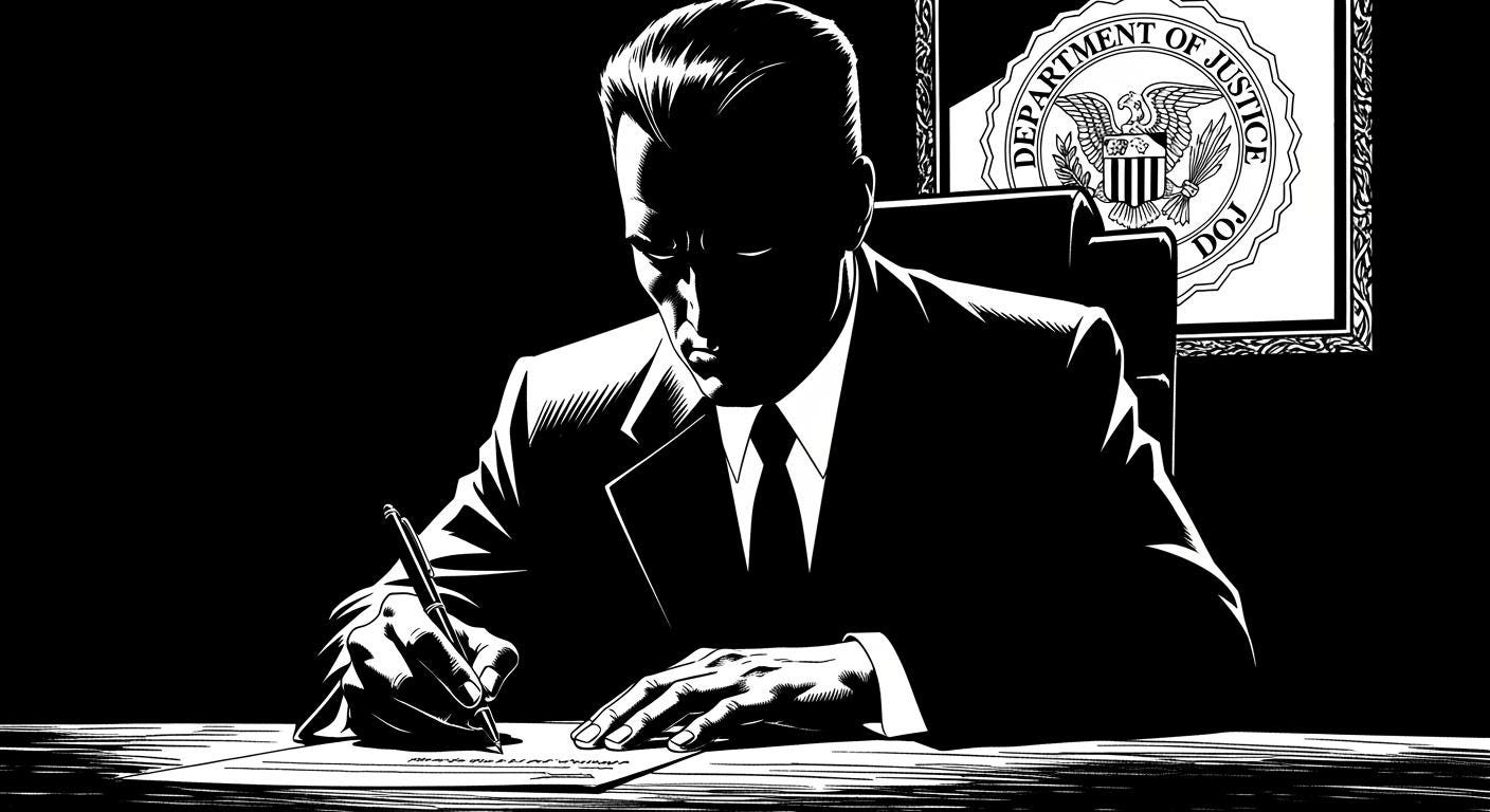 Frank Miller style noir comic Shadowy figure signing document in dark office dramatic side lighting heavy black ink shadows silhouette of suited man DOJ seal visible in background high contrast black and white sin city aesthetic_image_1