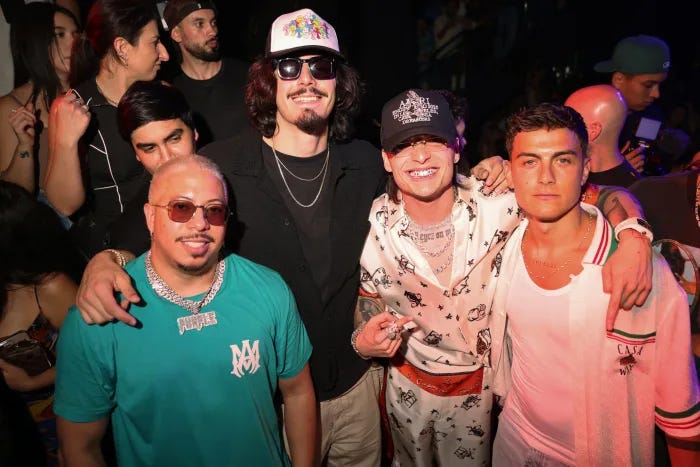 Jaime Jáquez Jr. smiles for a photo with Peso Pluma, recording artist, and Paulo Dybala, Argentine soccer player, in Miami Jaime Jáquez Jr. smiles for a photo with Peso Pluma, recording artist, and Paulo Dybala, Argentine soccer player, in Miami