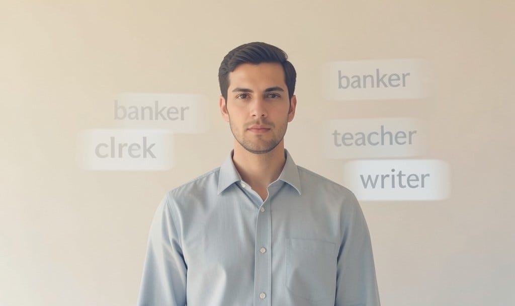 A single male person standing calmly in soft, muted light, surrounded by faint, translucent word labels floating around them: 'Banker,' 'Clerk,' 'Teacher,' 'Writer,' each one slightly overlapping and fading like mist. The person's expression is calm and unbothered, looking straight ahead rather than at the labels. Minimalist editorial illustration, warm neutral tones (soft beige, muted blue, warm grey), quiet and reflective mood, plenty of negative space, no text overlay A single male person standing calmly in soft, muted light, surrounded by faint, translucent word labels floating around them: 'Banker,' 'Clerk,' 'Teacher,' 'Writer,' each one slightly overlapping and fading like mist. The person's expression is calm and unbothered, looking straight ahead rather than at the labels. Minimalist editorial illustration, warm neutral tones (soft beige, muted blue, warm grey), quiet and reflective mood, plenty of negative space, no text overlay