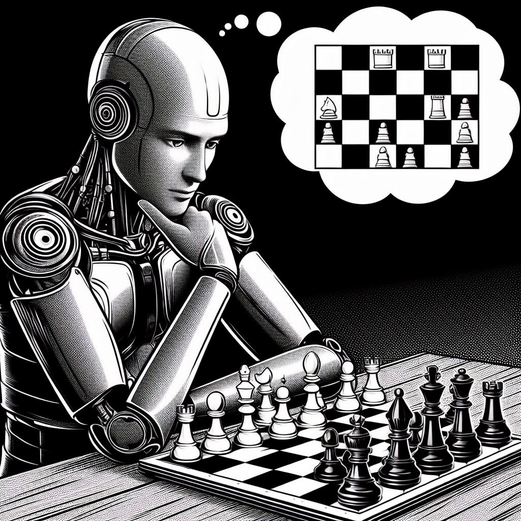AI sitting in front of a chessboard and thinking about its next move.