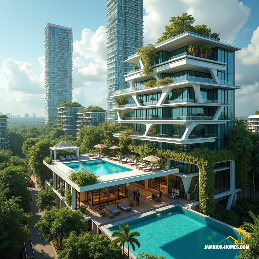 Modern development schemes in Kingston, Jamaica, are starting to embrace sleek, futuristic designs made from lots of glass, making buildings look open, bright, and reflective of the beautiful Caribbean surroundings. These developments often feature unique swimming pools—not only on the ground but also on the rooftops, offering amazing views of the city and the ocean. Rooftop pools add a luxury feel and make the most of space in urban areas where land is limited.
These buildings also focus on sustainability by including systems for water harvesting, which means they collect rainwater to use for things like watering plants or flushing toilets. Solar panels are installed on the roofs to capture the abundant Jamaican sunlight, turning it into electricity to power lights, appliances, and even air conditioning. On the ground floor, you’ll often find shops, cafes, and other small businesses that create a lively, convenient spot for residents and visitors to gather, dine, or shop. This blend of glass architecture, rooftop pools, and eco-friendly features makes these new developments both stylish and environmentally responsible, perfectly suited for modern living in Kingston.