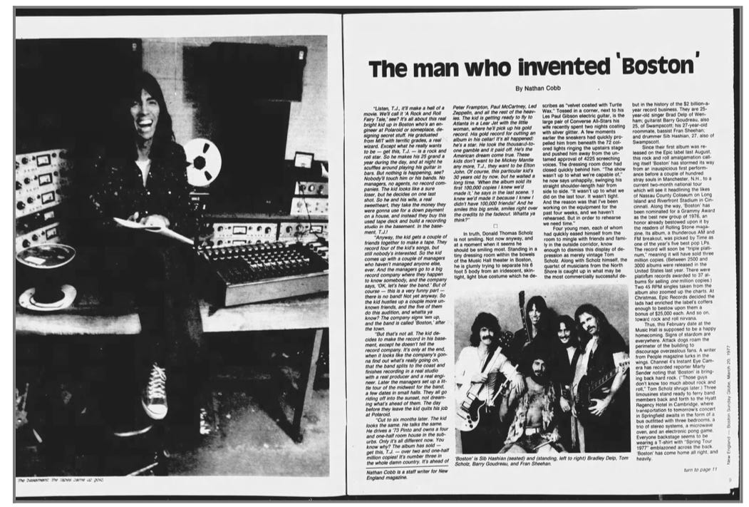 Article about the rock band Boston and Tom Scholz from The Boston Globe