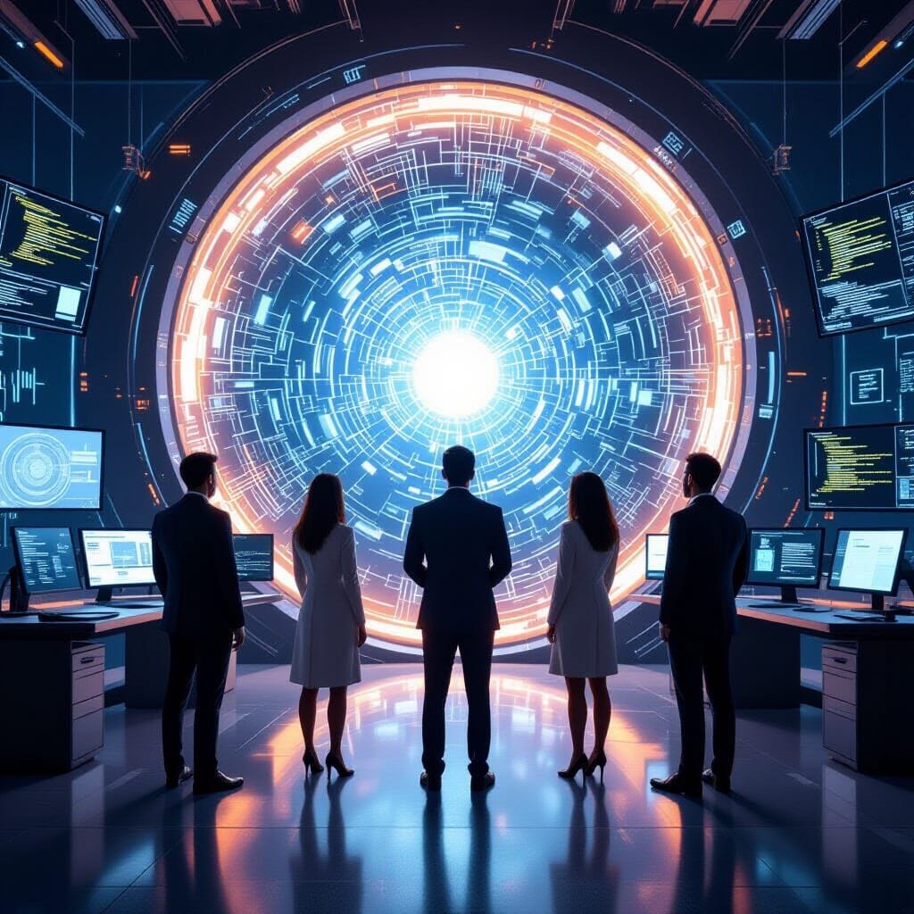 A Truly Cross-Platform Programming Language. A team of Developers, photorealistic,3 men and 3 women. A spectacular, stun...