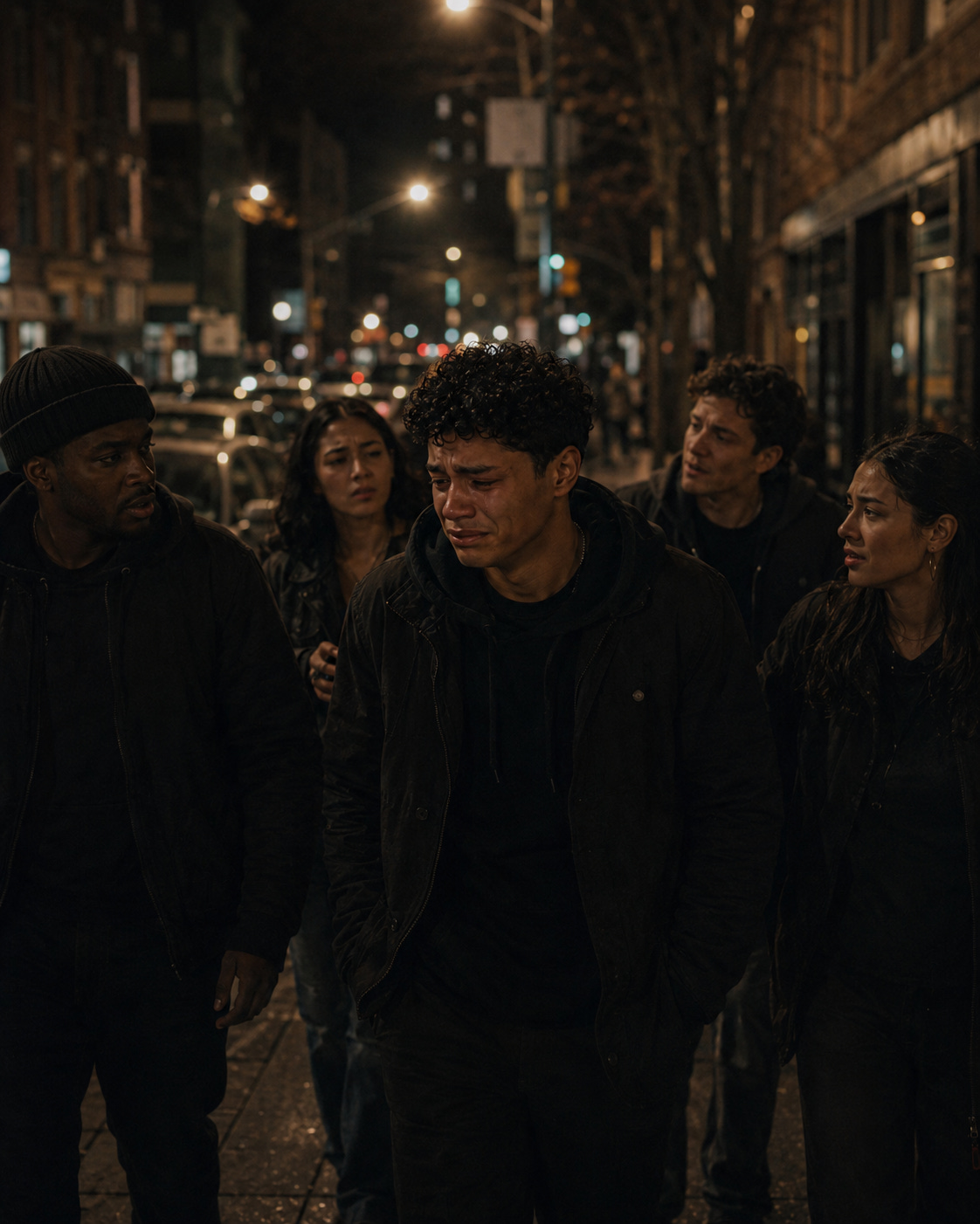 A young man walks down a city street at night with a small group of friends while crying. Streetlights, parked cars, storefronts, sidewalks, and nighttime city lights surround the group as they continue moving together.