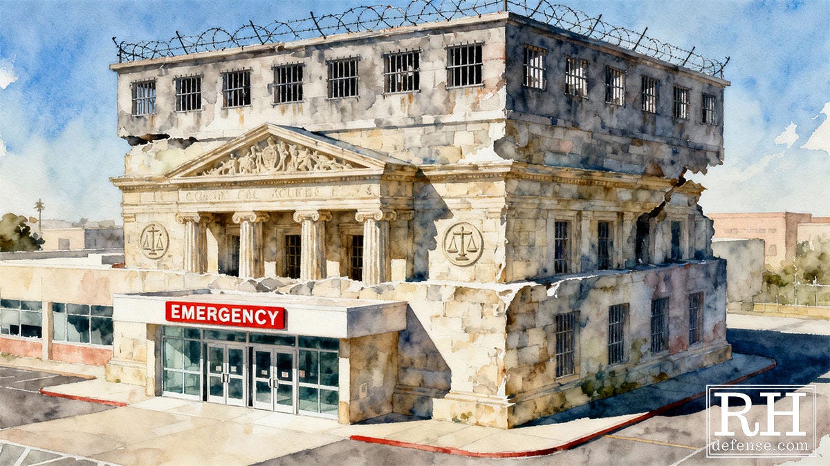 A watercolor-style hybrid building combining an emergency room, a courthouse, and a prison — cracked stone columns above an ER entrance, barred windows stacked on top, and barbed wire ringing the roof — symbolizing how California’s “continuum of care” collapses into punishment.