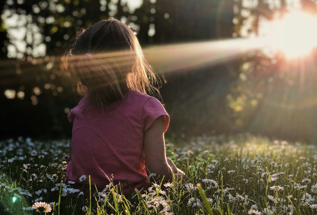 girl sitting on daisy flowerbed in forest