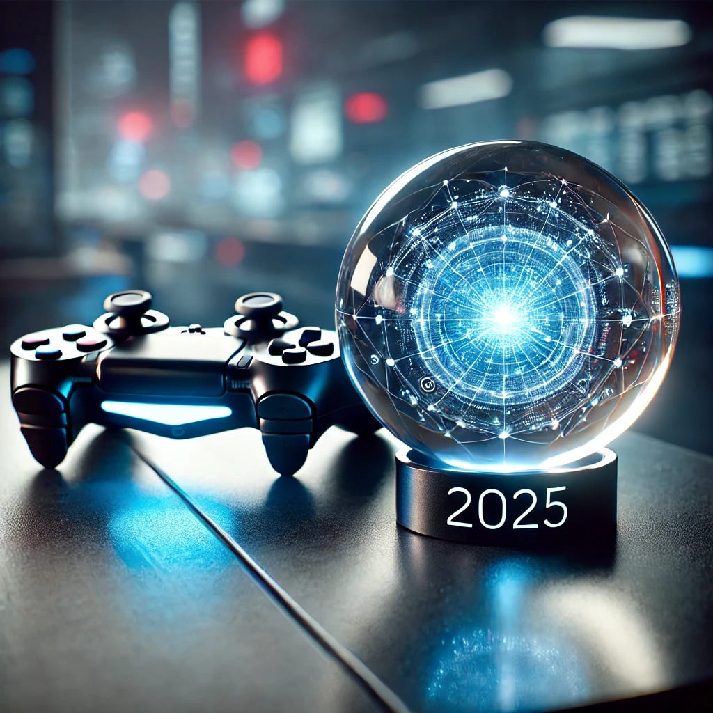 A close-up perspective of a futuristic crystal ball on a sleek modern surface, showcasing holographic visuals of gaming trends for 2025. Beside the crystal ball, a PlayStation controller is prominently placed, symbolizing modern gaming. The background fades into a dimly lit, high-tech ambiance with subtle neon lights, emphasizing the crystal ball's glow and futuristic theme. The focus is on the crystal ball and the controller, creating an immersive and visionary composition.