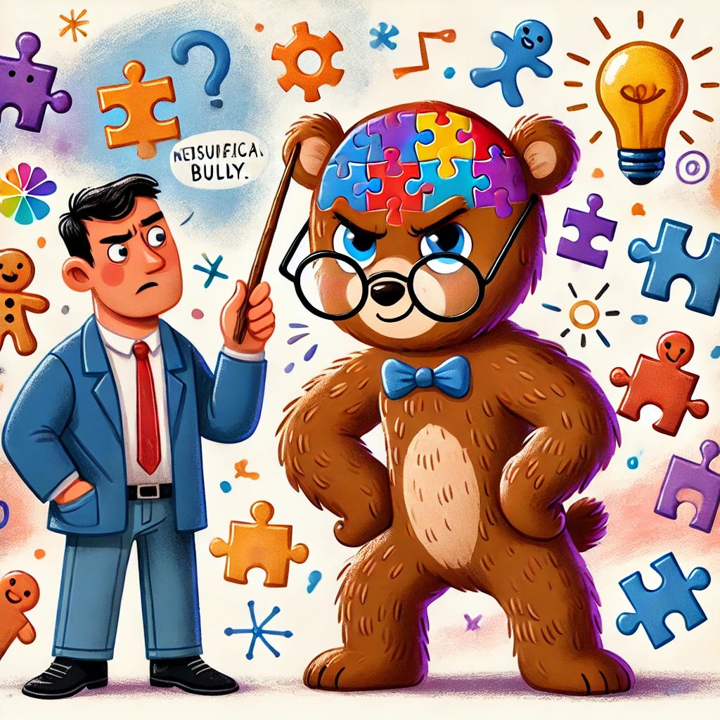 A humorous and colorful cartoon illustration of a confident neurodivergent individual represented as a quirky, anthropomorphic bear with glasses, surrounded by playful symbols like puzzle pieces and lightbulbs. A neurotypical bully, depicted as an ordinary human character, is cautiously poking the bear with a stick while looking confused and slightly intimidated. The bear looks amused and unfazed, exuding a sense of cleverness and mischief. The background is whimsical and abstract, emphasizing a fun and lighthearted tone.