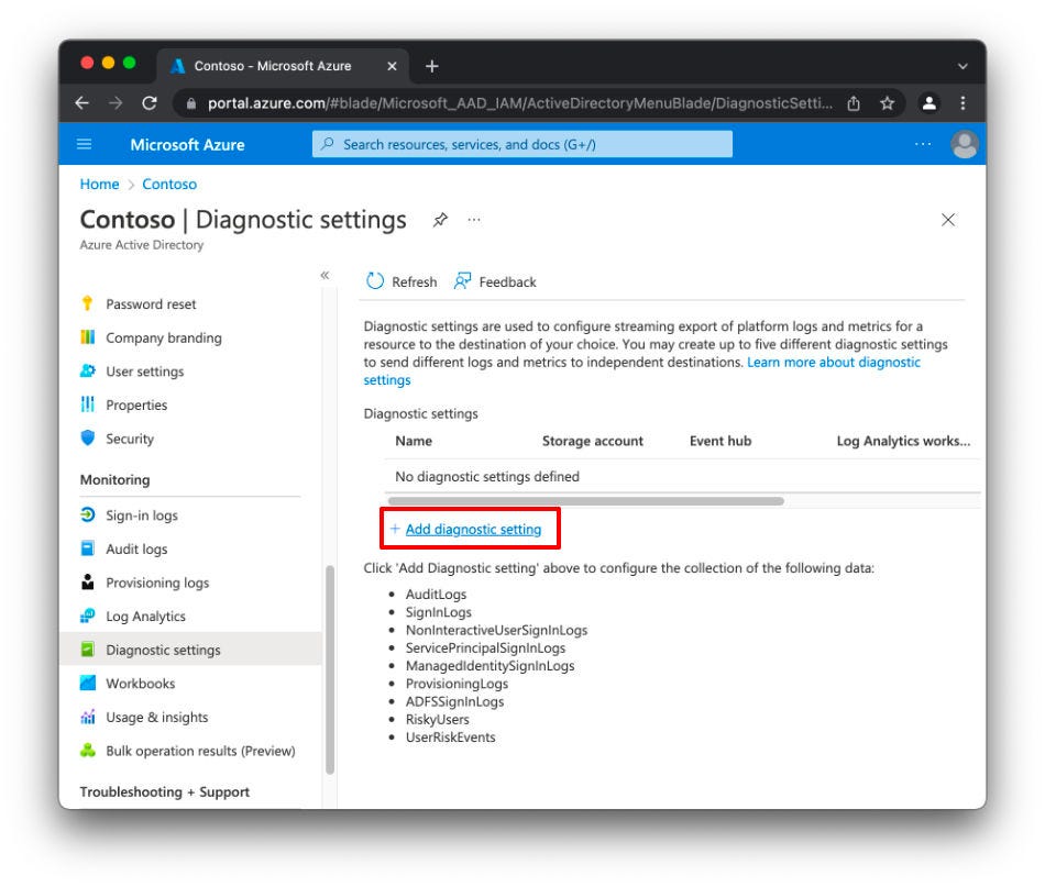Azure AD add Diagnostic Settings Azure AD add Diagnostic Settings