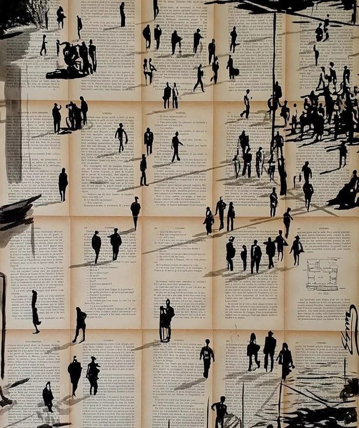 This may contain: an image of people walking in the street on old book pages that are cut into squares
