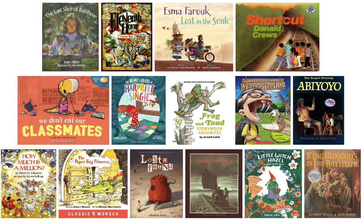 Image 1 (kids' books): Visual display of book covers for children's titles listed below - a collection with varied illustration styles, bright colors, and mixed typography.