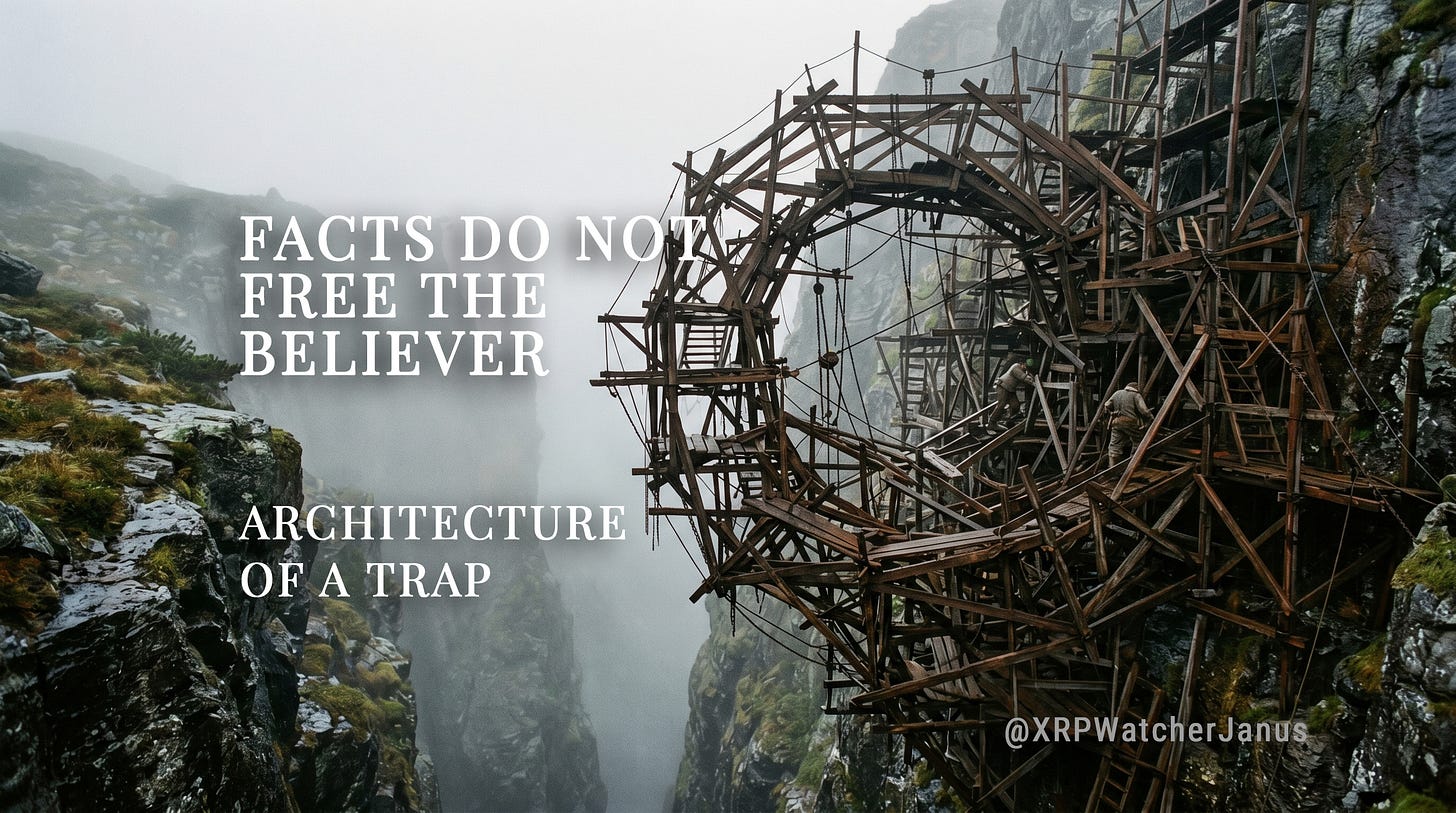 Absurdly complex wooden scaffolding built to bridge a narrow stone chasm. Frame: the interpretive infrastructure of motivated belief. Absurdly complex wooden scaffolding built to bridge a narrow stone chasm. Frame: the interpretive infrastructure of motivated belief.