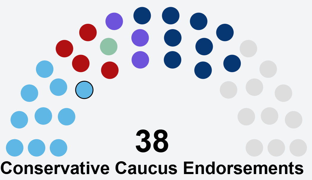 A graphic of caucus endorsements. Milobar 9 (+ himself), Black 4, Fulmer 1, Elliott 3, Findlay 9 and 11 no endorsement A graphic of caucus endorsements. Milobar 9 (+ himself), Black 4, Fulmer 1, Elliott 3, Findlay 9 and 11 no endorsement