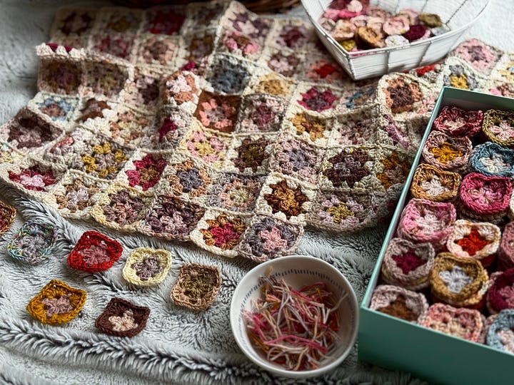 Sitting by the Fire Crochet Granny Square Blanket in construction