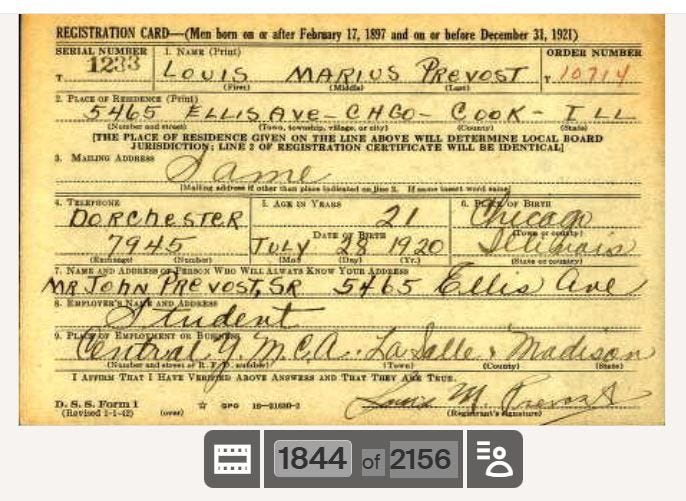 Louis Prevost World War II draft registration card Louis Prevost World War II draft registration card