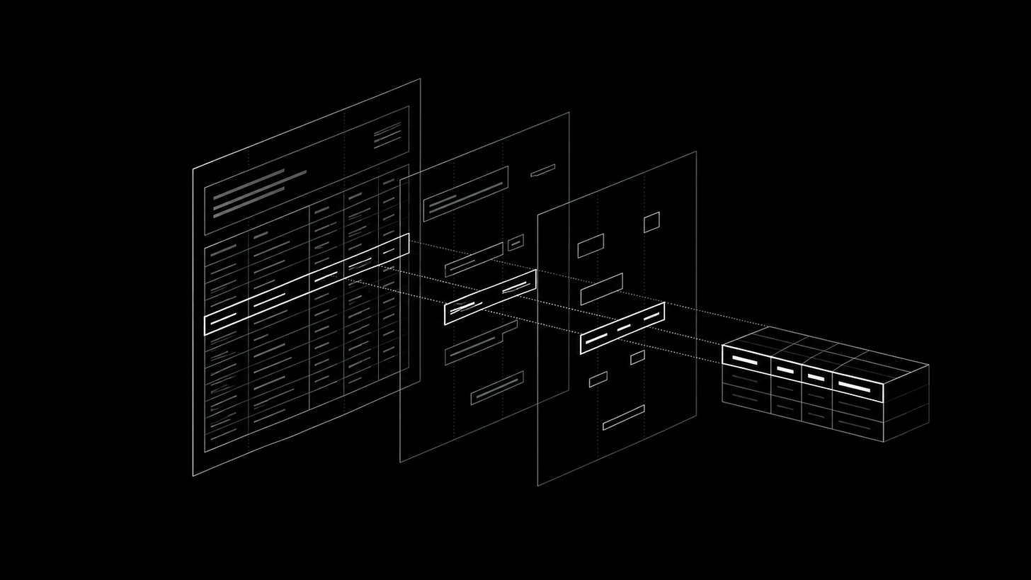 A document separates into evidence layers, with one bright row traced into structured records.