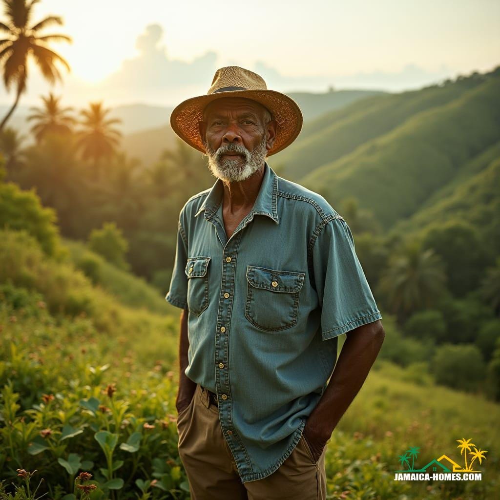 Aged Jamaican landowner standing proudly on the rolling hills of his vast estate, surrounded by lush greenery and towering palm trees, surveying the land with a discerning eye, warm sunlight casting a golden glow on his weathered face, clad in a worn denim shirt and faded cotton pants, a straw hat shading his eyes, a sense of quiet authority and wisdom etched on his features, as if frozen in time, evoking the nostalgia of a bygone era, reminiscent of the cinematic styles of Terrence Malick