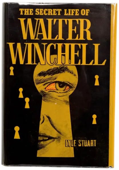 First edition cover of "The Secret Life of Walter Winchell" by Lyle Stuart showing an eye peeping through a keyhole First edition cover of "The Secret Life of Walter Winchell" by Lyle Stuart showing an eye peeping through a keyhole