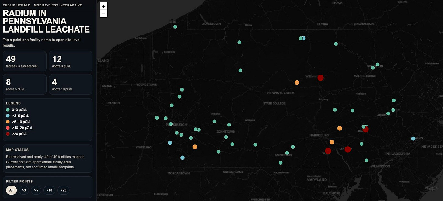 Radium in Pennsylvania Landfill Leachate Map of DEP Investigation