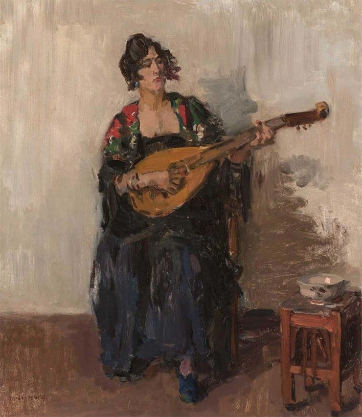 'Portret van schilderes Guusje van Dongen met mandoline' - olieverf op doek: Isaac Israels (kavel 81, AAG Amsterdam) 'Portret van schilderes Guusje van Dongen met mandoline' - olieverf op doek: Isaac Israels (kavel 81, AAG Amsterdam)
