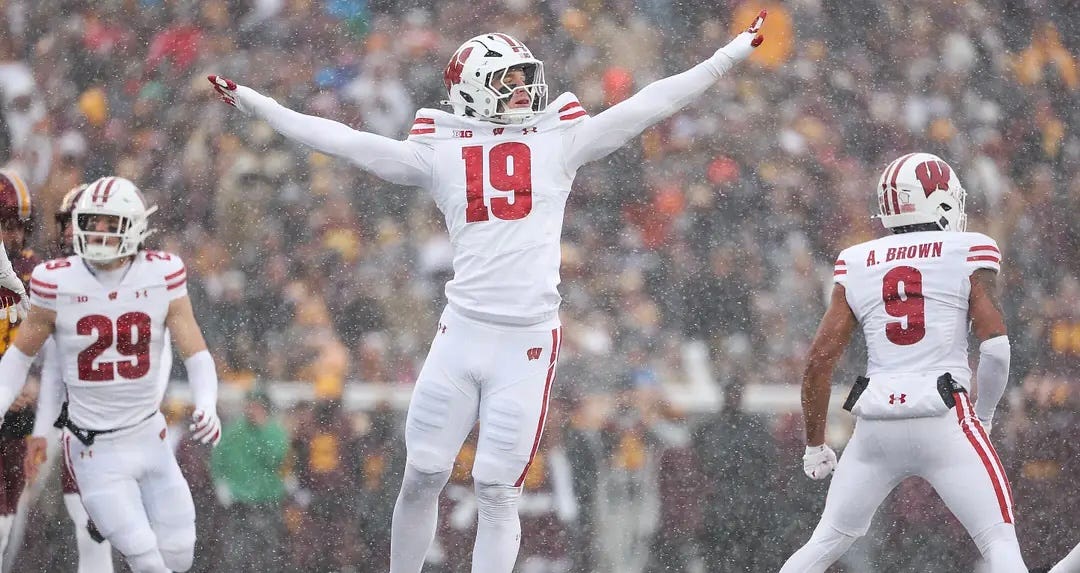 Wisconsin Badgers linebacker Thomas Heiberger celebrates a missed field goal against Minnesota. Photo Credit: Matt Krohn-Imagn Images.