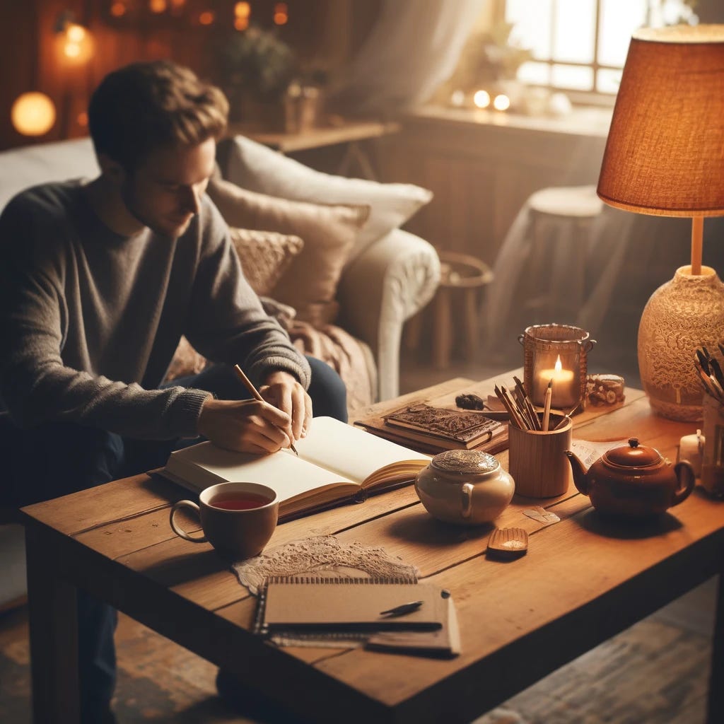 Create an image of a person sitting at a desk, writing in a journal. The setting should be cozy and focused, with warm lighting, a cup of tea on the desk, and an inviting atmosphere that encourages reflection. The scene should include soft furnishings, maybe a window with soft light coming in, and a calm, serene ambiance.