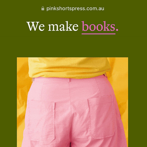 Three images in a row. The first is a shelf of colourful books from the South Australian Parliamentary Library. The second is a screenshot from the new Pink Shorts Press website landing page. The third is a series of outfits on display at the AGSA Radical Textiles exhibition.