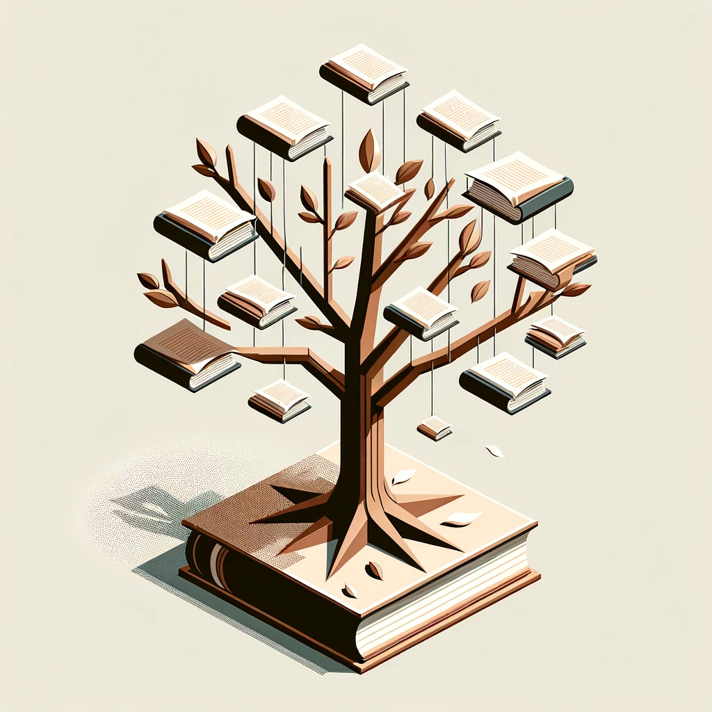 Isometric, minimalist illustration of a tree with book pages falling from its branches like leaves. The tree should have a clean, geometric structure with stylized branches and roots. The falling book pages should be depicted as simple, rectangular shapes, creating a cascading effect. Use a limited color palette with earthy tones for the tree and light, neutral colors for the pages. The composition should be serene, balanced, and symbolic, emphasizing the theme of knowledge growing from nature.
