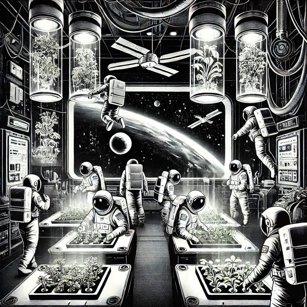 A black and white comic book cover style poster showing a group of astronauts conducting research on plants inside a space station in zero gravity. The astronauts are floating, surrounded by futuristic lab equipment and lush plants growing in hydroponic setups. In the background, a large window reveals the distant view of Earth as a small, glowing sphere against the darkness of space. The scene is dynamic and detailed, with an emphasis on the zero-gravity environment and sci-fi aesthetic.