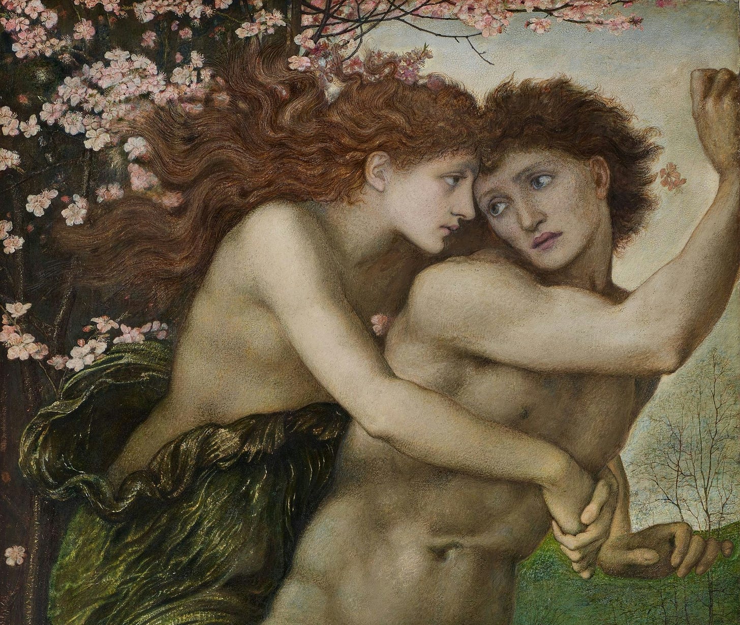 A cropped section of the painting Phyllis and Demophoon, 1870 by Sir Edward Burne-Jones depicting two lovers in an embrace.