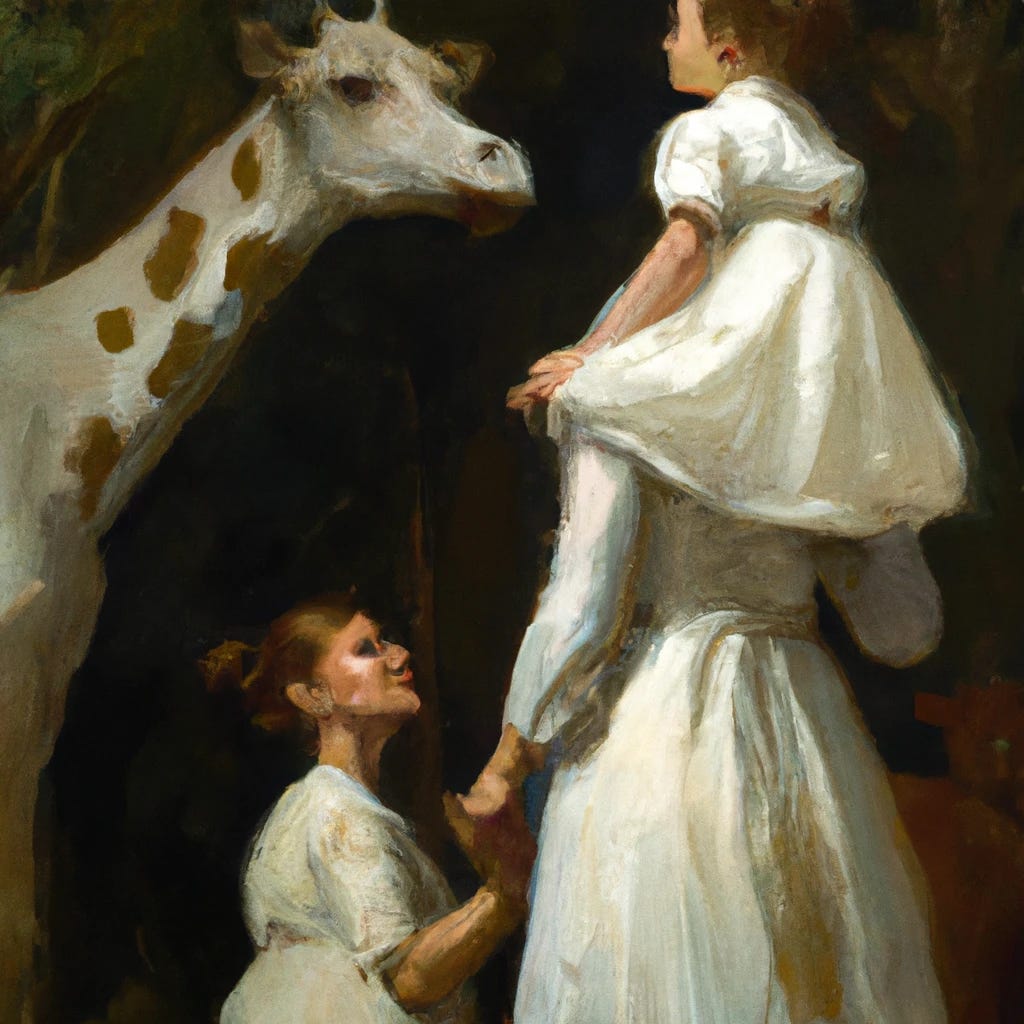 Generated by DALL·E AI-generated (DALL-E) image of a little girl  in a white dress looking at a giraffe in a zoo.
