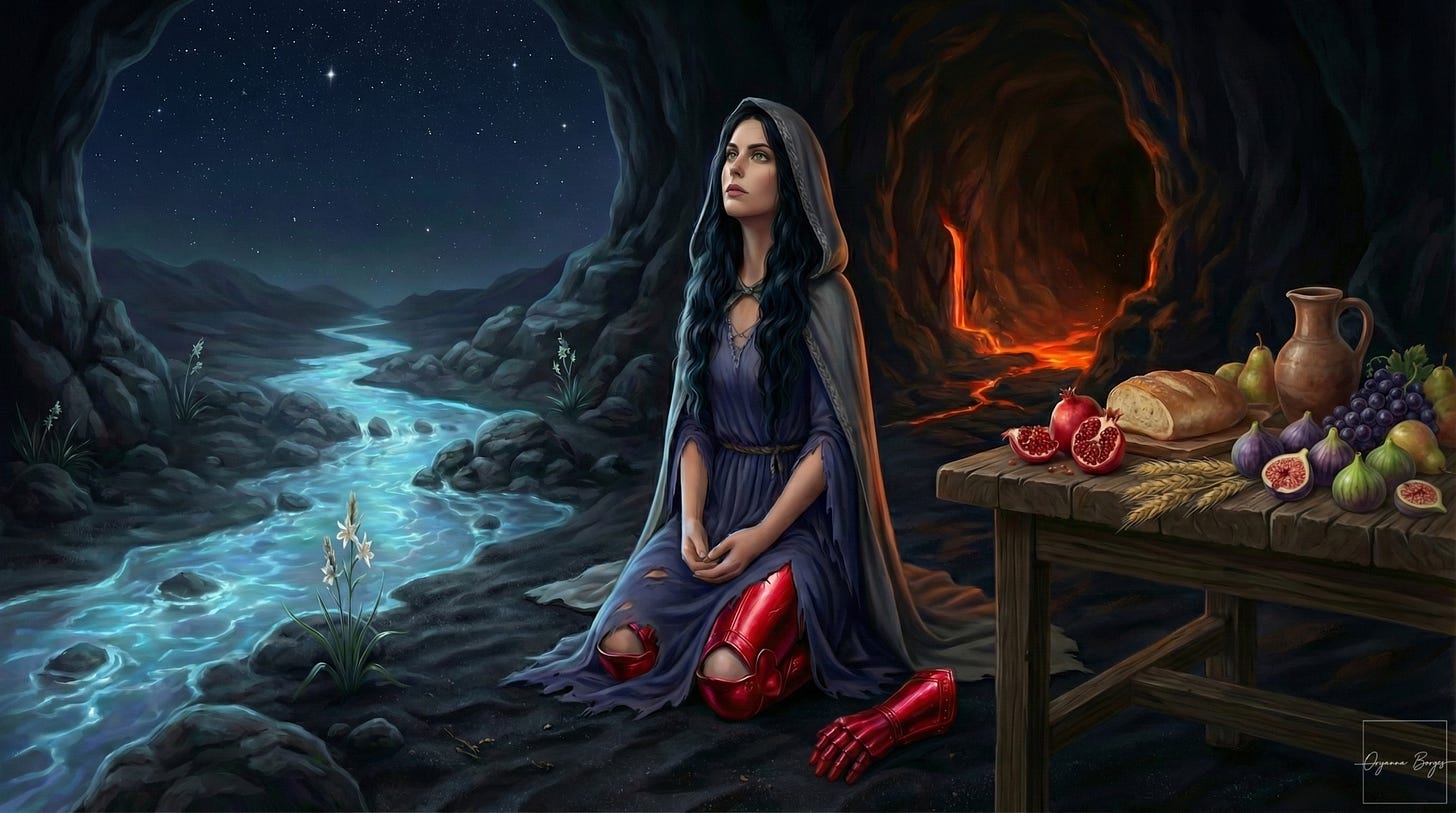 Ilustração estilo pintura de Perséfone ajoelhada em uma caverna escura do submundo, olhando para um céu estrelado. Ela usa um vestido azul rasgado que revela uma armadura de perna vermelha brilhante; uma manopla vermelha está no chão. Ao lado, uma mesa farta com romãs, figos, pão e uvas. Um rio azul brilhante e um fluxo de lava contrastam ao fundo.