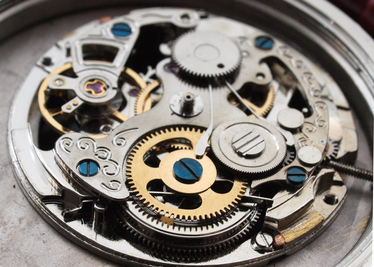 Insides of a vintage mechanical clock. Technologically obsolete but of an enduring quality.
