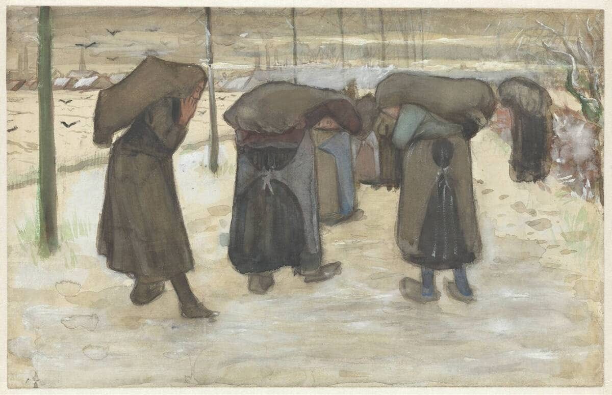 Watercolor of a line of women bent under heavy black sacks of coal, walking through snow under a gray sky. Watercolor of a line of women bent under heavy black sacks of coal, walking through snow under a gray sky.