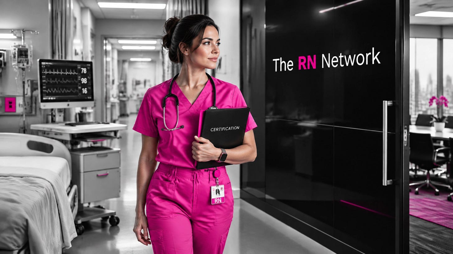 Nurse in pink scrubs standing between a bedside workstation and a professional office doorway