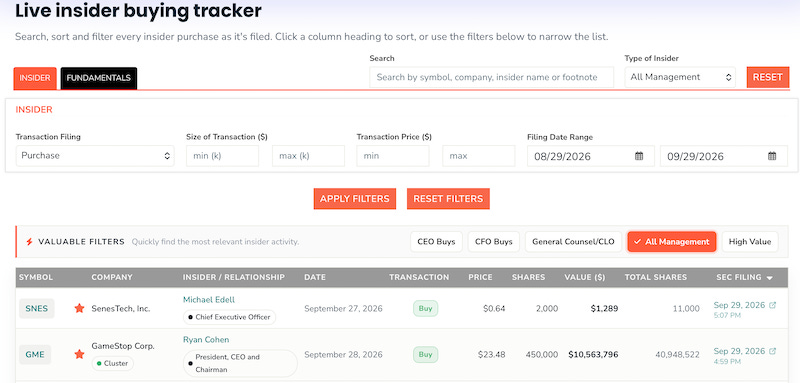 Insider Buying Filters - InsideArbitrage