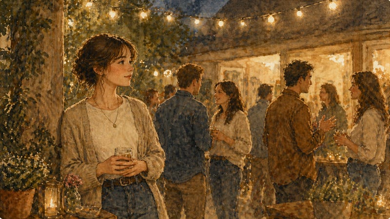 Introversion in action: woman quietly observing a group conversation at an outdoor gathering.