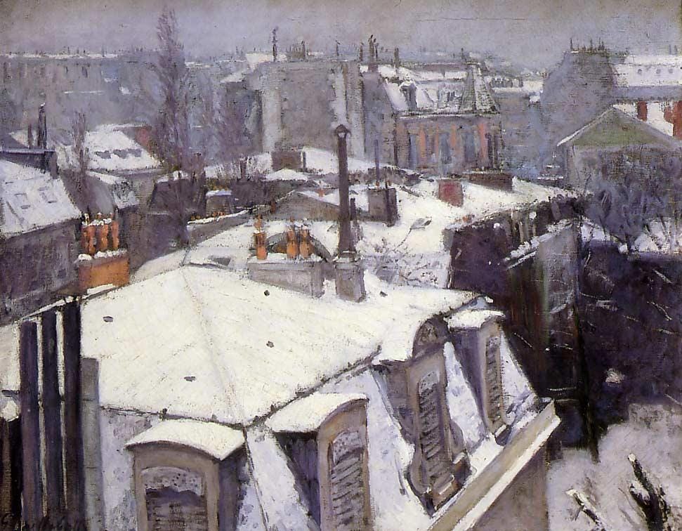 A view over grey Paris rooftops and chimneys blanketed in snow under a heavy sky A view over grey Paris rooftops and chimneys blanketed in snow under a heavy sky