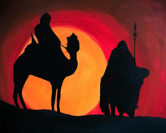 A painting showing silhouettes of two riders on camels in front of a setting red orange sun
