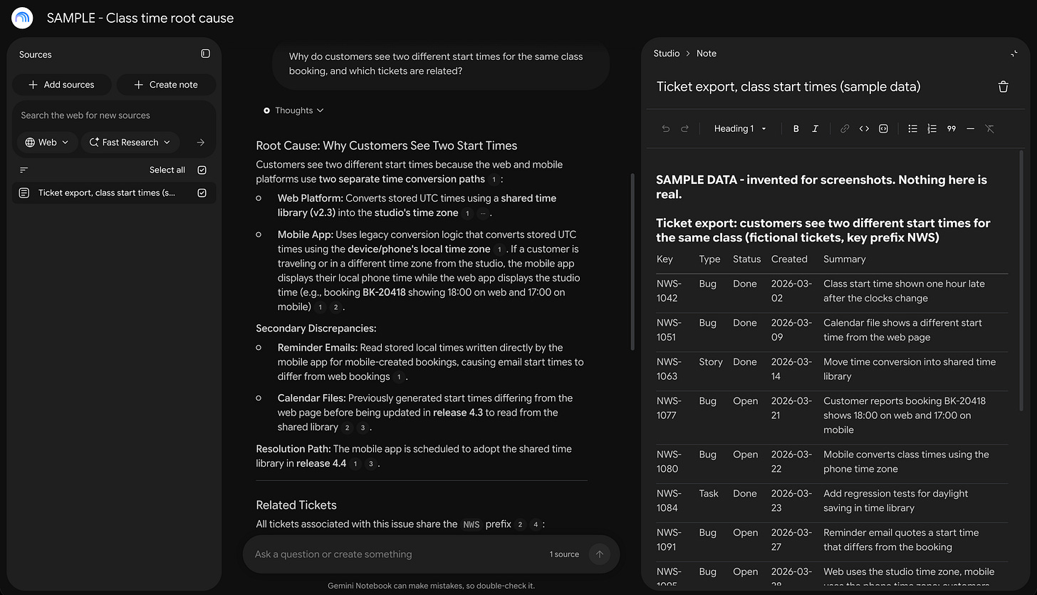Gemini Notebook explaining why customers see two start times for the same class booking, with related tickets cited from a sample ticket export. Sample data. Gemini Notebook explaining why customers see two start times for the same class booking, with related tickets cited from a sample ticket export. Sample data.