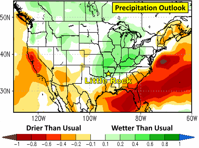 The forecast from the NMME (North American Multi-Model Ensemble) shows a wet signal from the Great Lakes through the Ohio, mid-Mississippi, and Tennessee Valleys into parts of the mid-South in March, 2026.