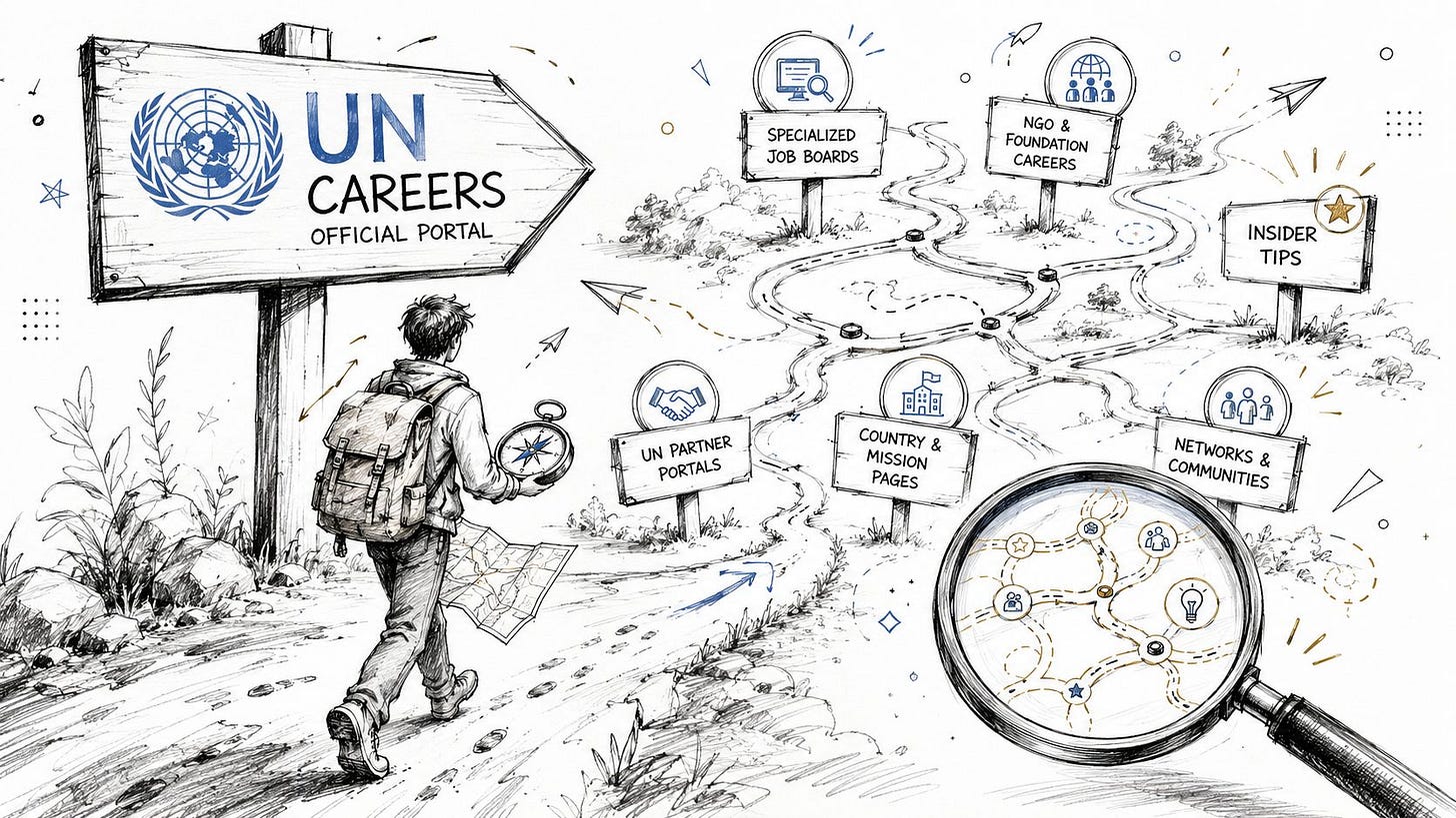 A traveler walking towards a signpost showing various paths for finding United Nations career opportunities. A traveler walking towards a signpost showing various paths for finding United Nations career opportunities.