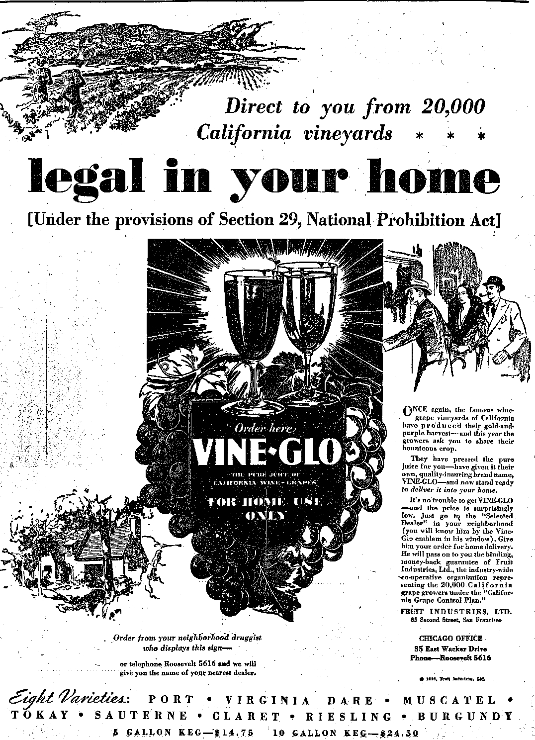 1931 Chicago Tribune advertisement for Vine-Glo grape juice concentrate, "legal in your home" under Section 29 of the National Prohibition Act.
