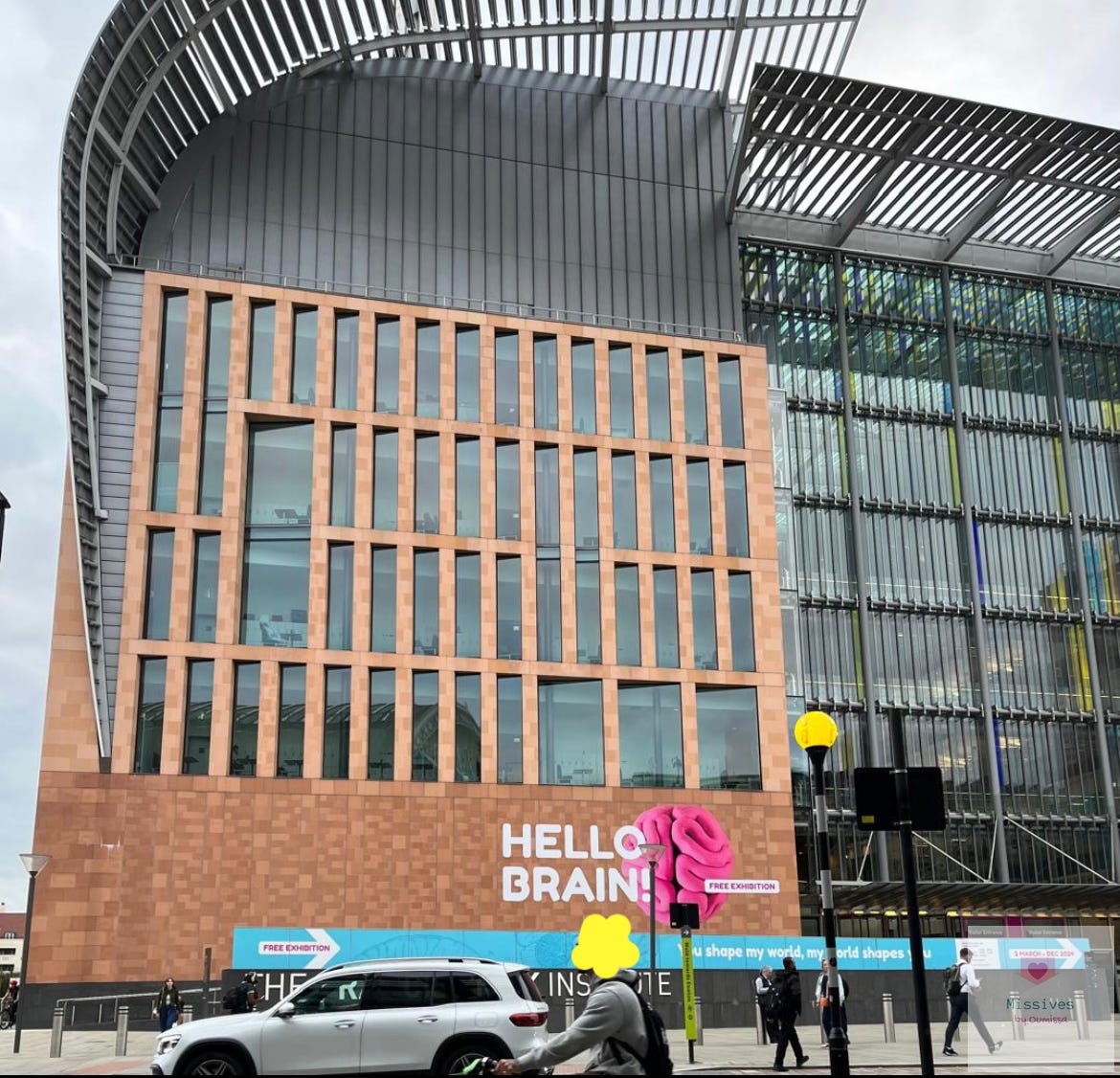 The Francis Crick Institute - Hello Brain Exhibition. Traffic passes in front of a tall building of brown and metal vertical panels. Brightly coloured details of the exhibition The Francis Crick Institute - Hello Brain Exhibition. Traffic passes in front of a tall building of brown and metal vertical panels. Brightly coloured details of the exhibition