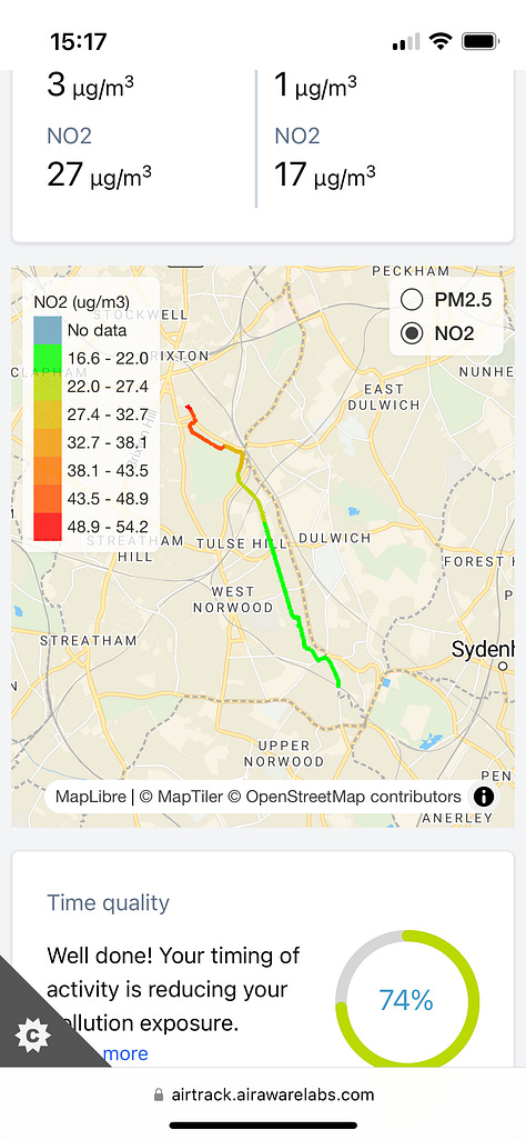 Screenshots of AirTrack dashboard for route to Gipsy Hill